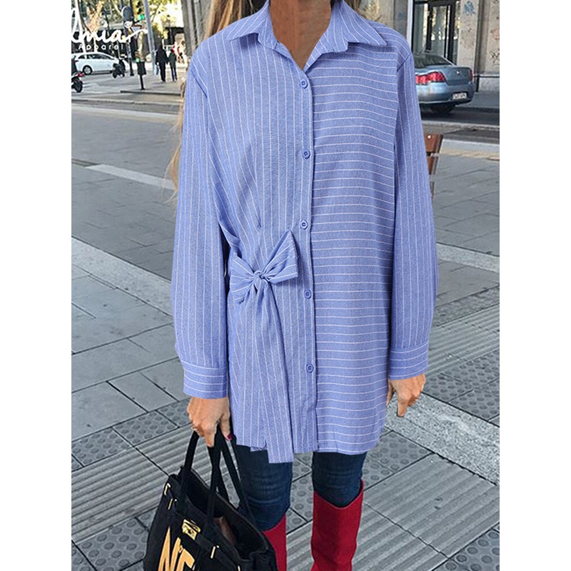Bowknot Striped Print Long Sleeve Cotton Shirt For Women