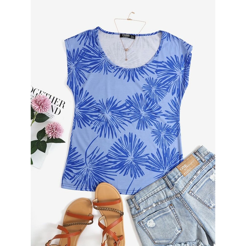 Flower Print Short Sleeve Crew Neck Casual T-shirt