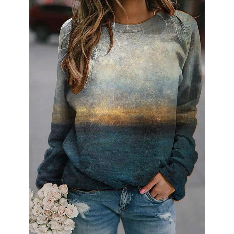 Landscape Prints Round Neck Long Sleeves Casual T-shirts For Women