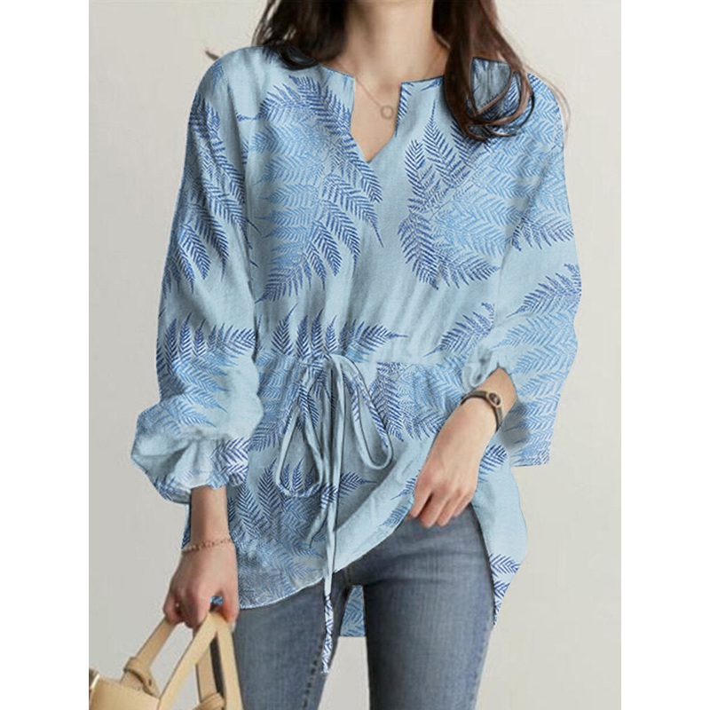 Leaves Print Drawstring Waist Long Sleeve Notch Neck Blouse