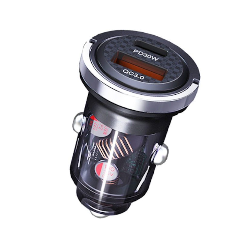 PD 30W + QC 3.0 Transparent Car Charger USB Fast Charging with Handle Design