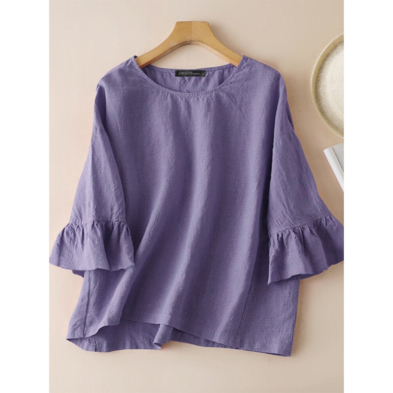 Plaid Ruffle Three Quarter Length Sleeve Round Neck Loose Blouse