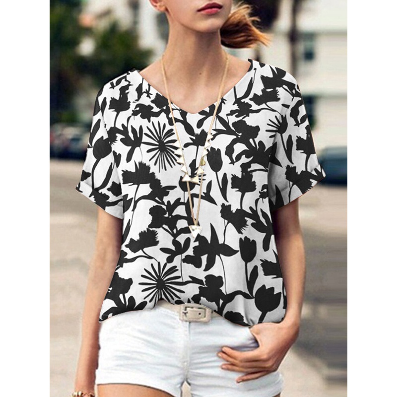 Plant Print V Neck Short Sleeve Casual Blouse