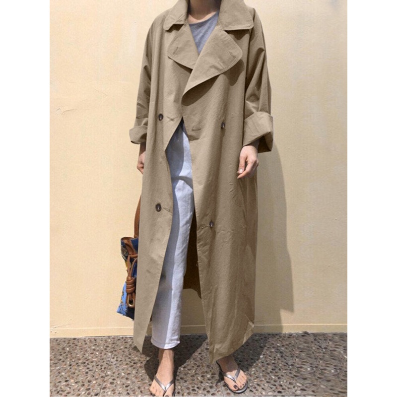 Plus Size Women Lapel Double Breasted Tie Back Casual Long Trench Coats