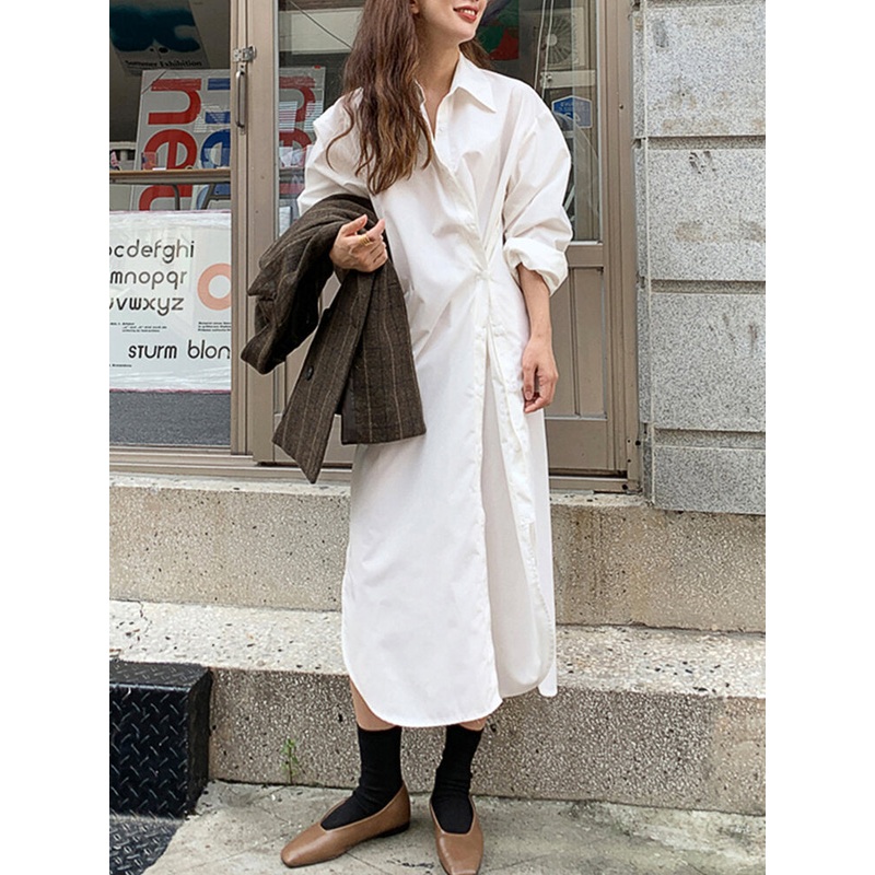 Plus Size Women Solid Lapel Long Sleeve Plain Shirt Maxi Dresses