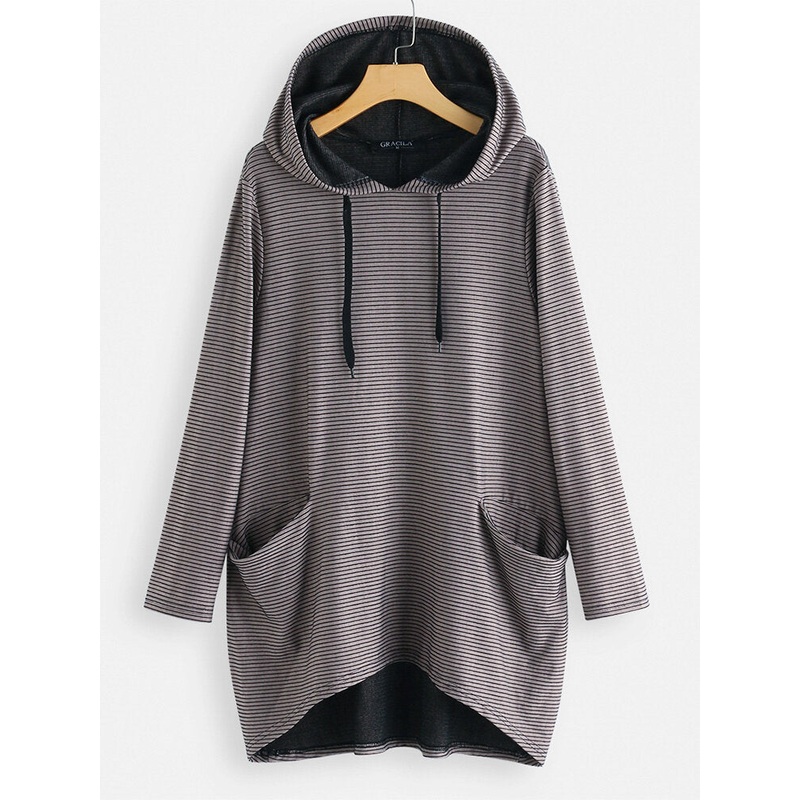 Pockets Stripe Irregular Long Sleeve Hoodie Sweatshirt For Women