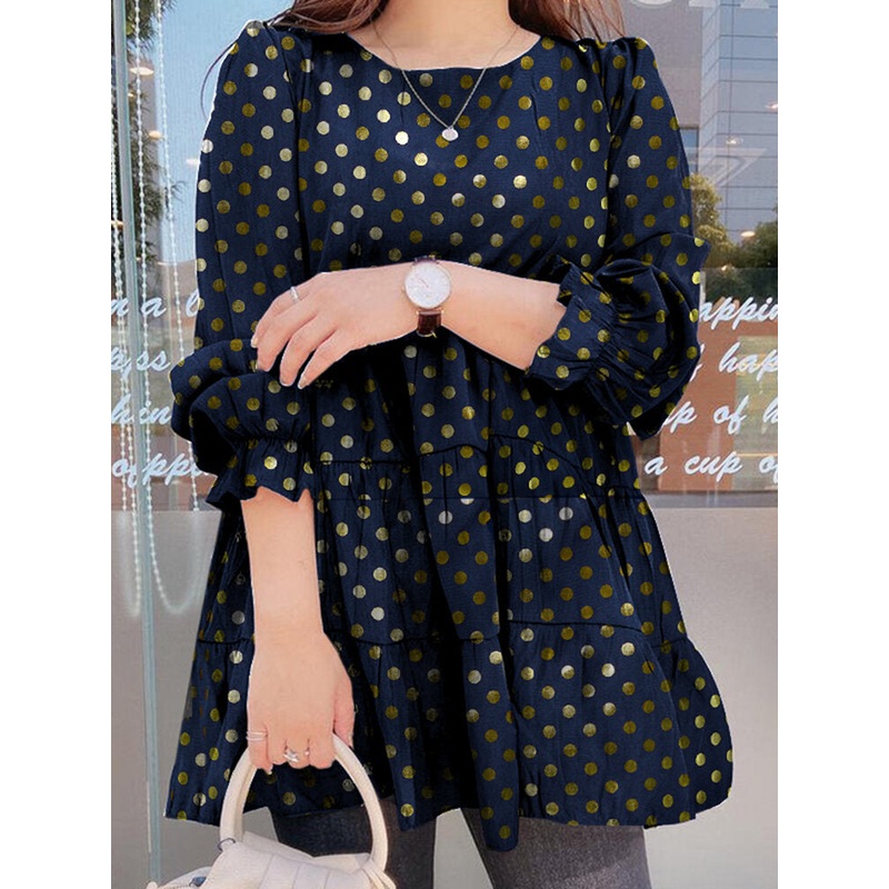 Polka Dot Puff Sleeve Ruffle Round Neck Casual Blouse