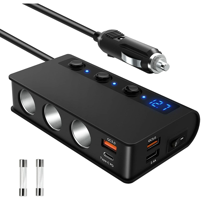 SLW003 180W 3 USB + Type-C Car Charger Socket Splitter Quick Charge 3.0 12V/24V with Switch Voltage Indicator