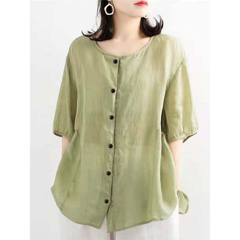 Solid Button Ruched Round Neck Half Sleeve Casual Blouse
