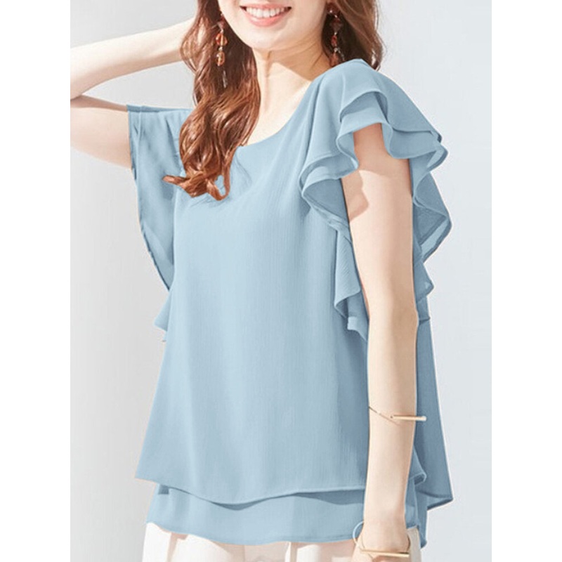 Solid Layered Ruffle Round Neck Casual Blouse