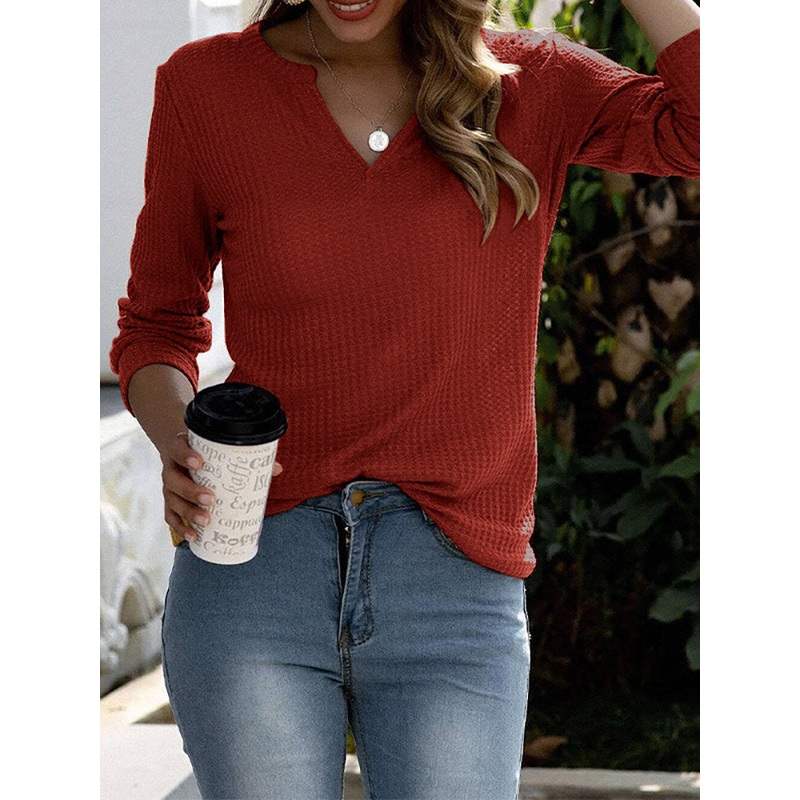 Solid Long Sleeve V-neck T-shirt For Women