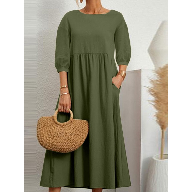 Solid Pocket 3/4 Sleeve Crew Neck Vintage Dress