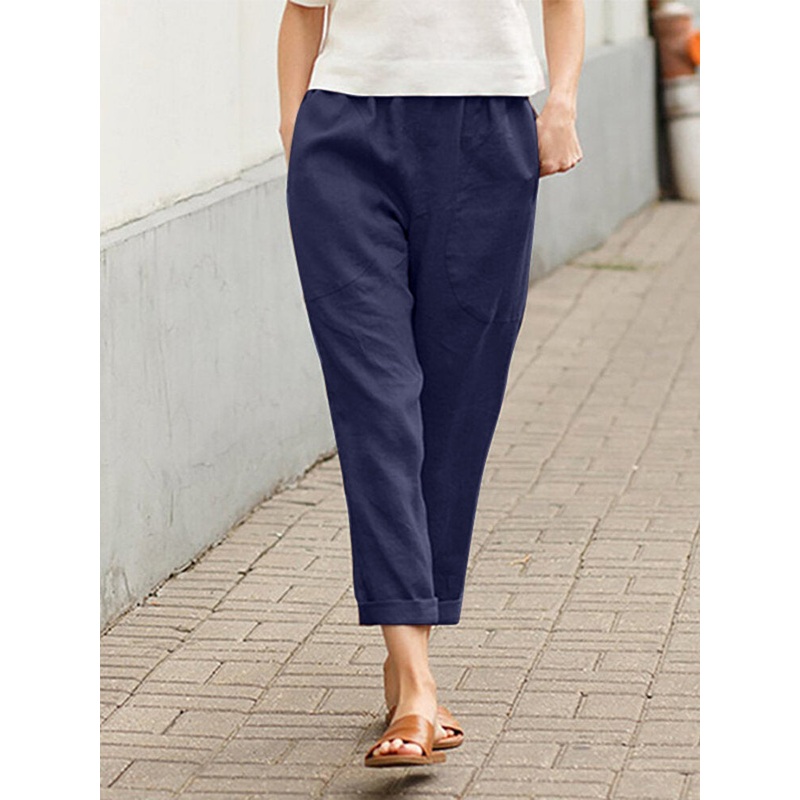 Solid Pocket Elastic Waist Casual Cotton Pants