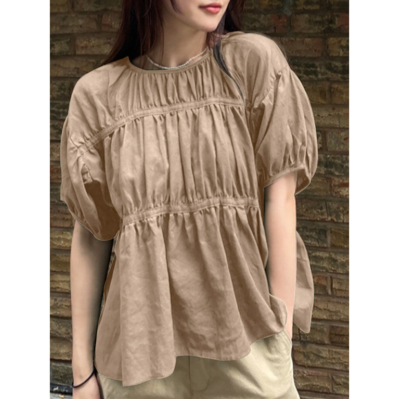 Solid Ruched Cotton Puff Sleeve Round Neck Casual Blouse