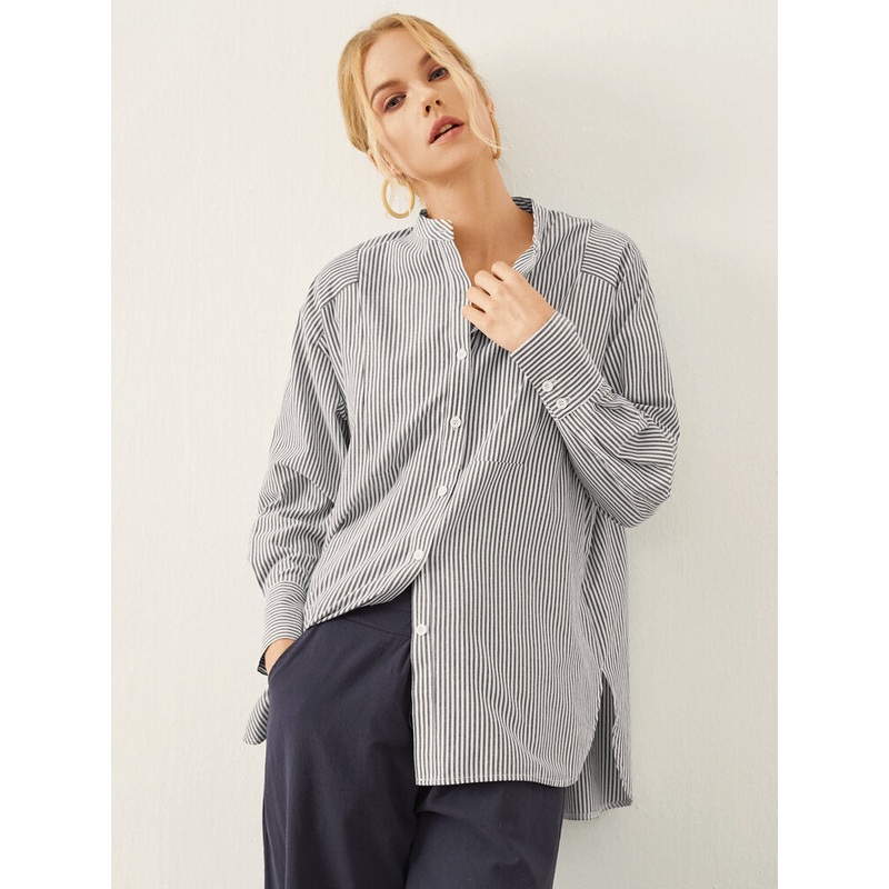 Stripe Button Slit Long Sleeve Stand Collar Loose Blouse