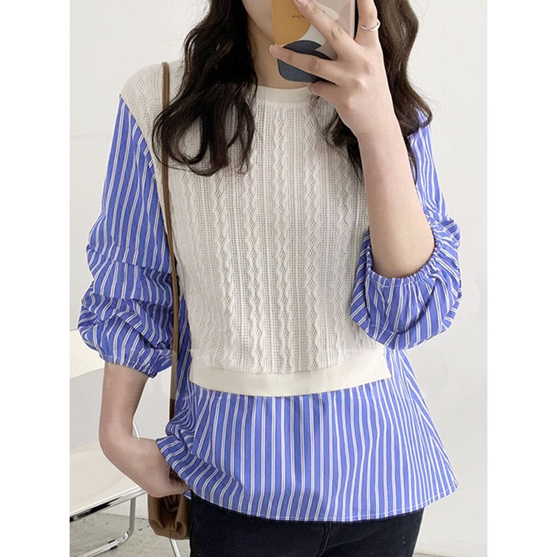 Stripe Panel Cable Knit Puff Sleeve Blouse