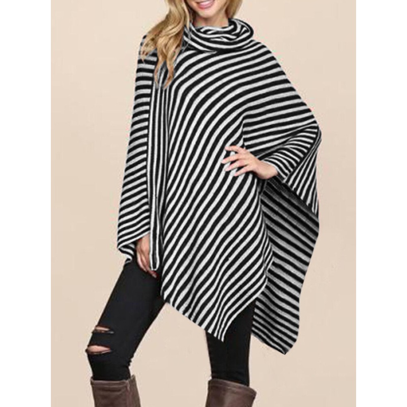 Striped Pattern Irregular Hem Turtleneck Cape Sweater