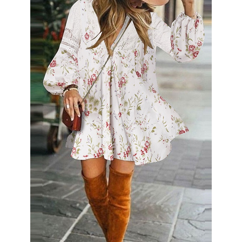 Women Bohemian Floral Printed Puff Sleeve V-Neck Knee Length Midi Dresses