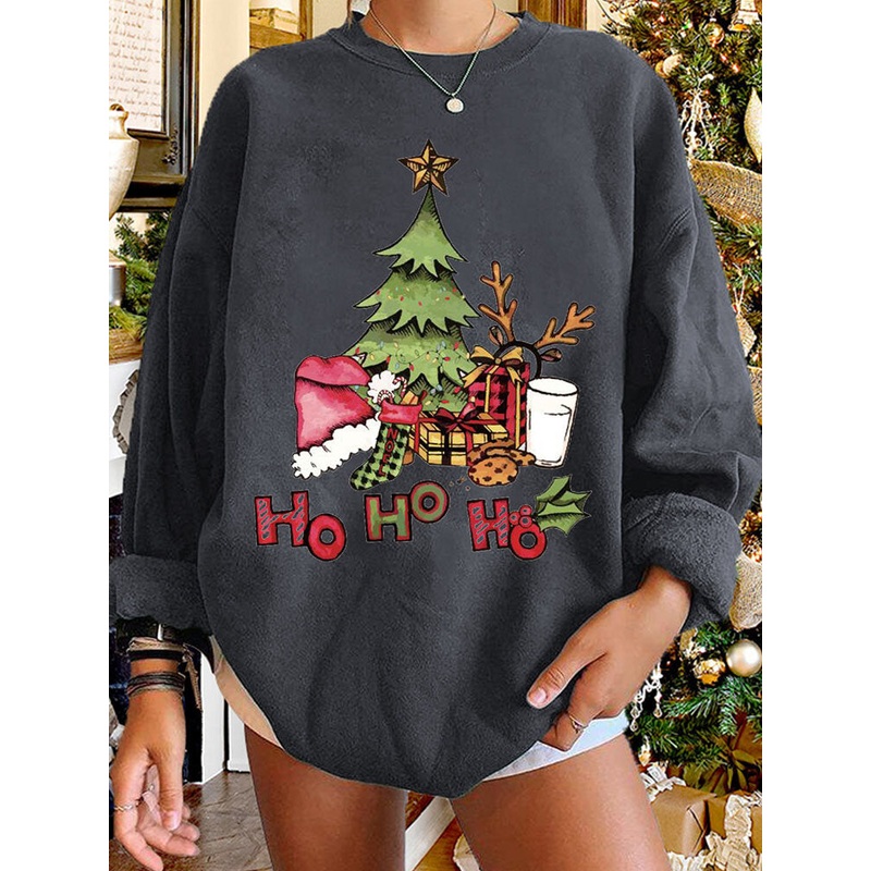Women Christmas Tree Printed Letter Round Neck Casual Pullover Sweatshirt