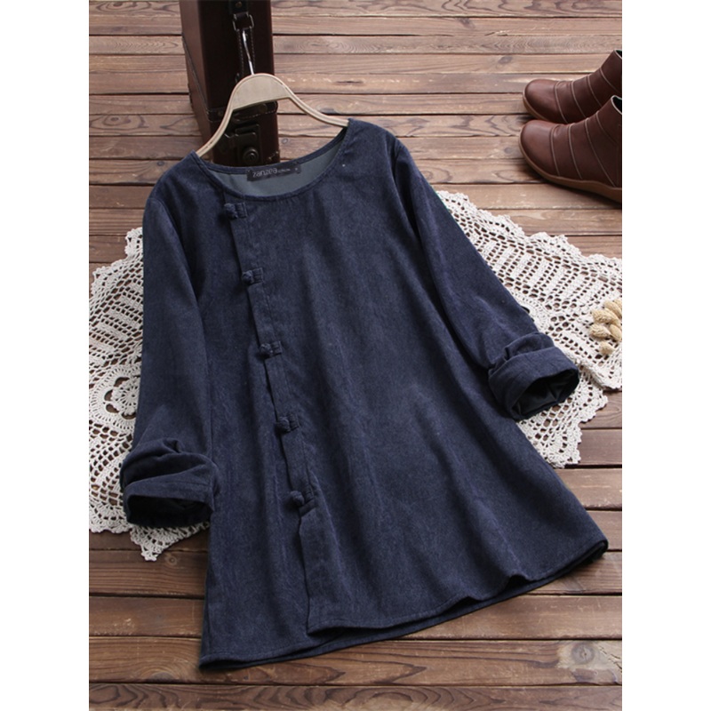 Women Corduroy Vintage Loose Buckle Simple And Comfortable O-Neck Blouse