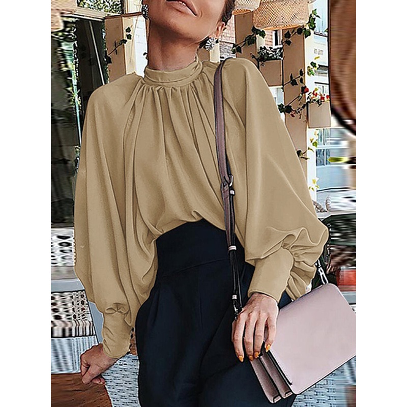 Women Plus Size Vintage Stand Collar Pearl Puff Sleeve Loose Casual Solid Color Blouses