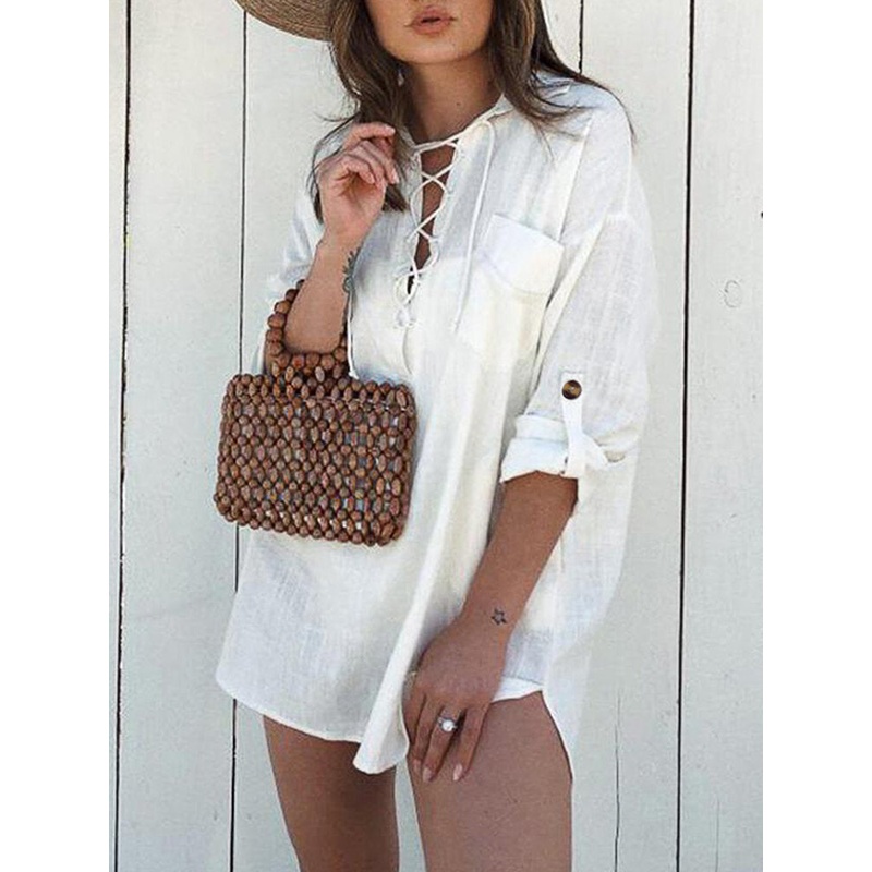 Women V-neck Lace Up Chest Pocket Long Sleeve Button Casual Shirts