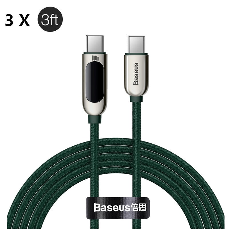 [3 Pack]Baseus 100W LED Display Type-C to Type-C PD Power Delivery Green Cable E-mark Chip Fast Charging Data Transfer Cord Line for Samsung Galaxy S21 Note S20 Iltra Huawei Mate 40 OnePlus 9 Pro for iPad Pro 2020 MacBook Air 2020