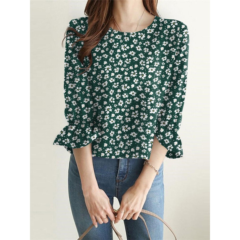 Allover Floral Print 3/4 Sleeve Crew Neck Blouse