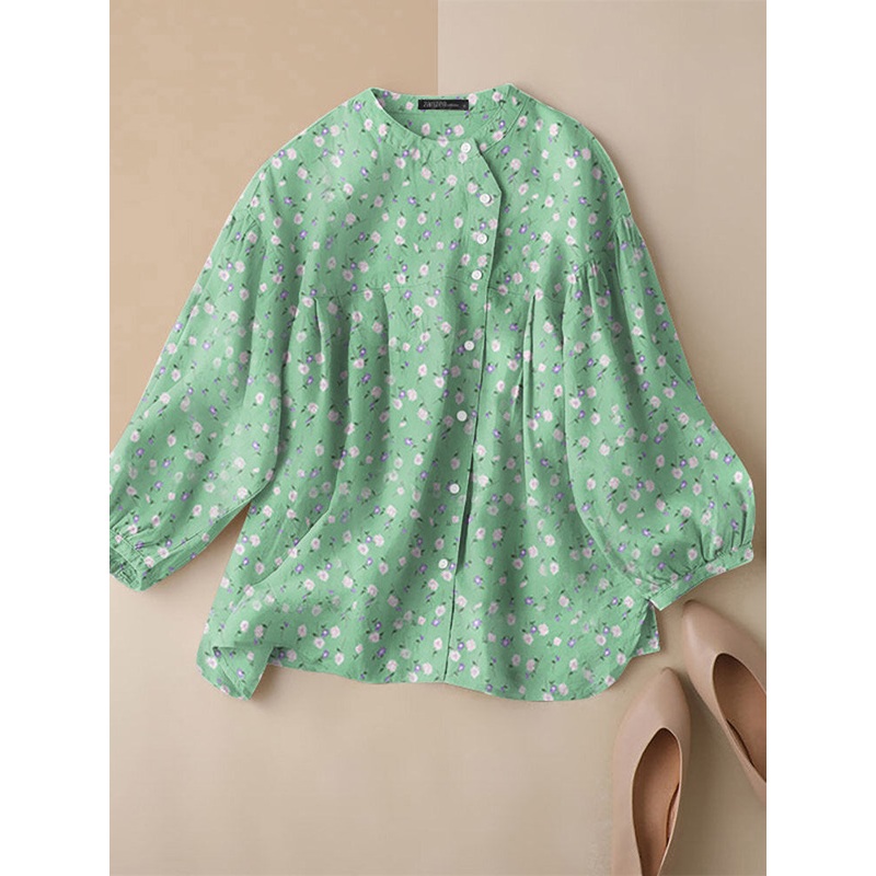 Allover Floral Print Button Long Sleeve Stand Collar Blouse