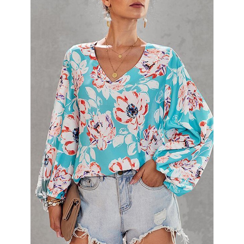Allover Flower Print V-neck Long Sleeve Blouse