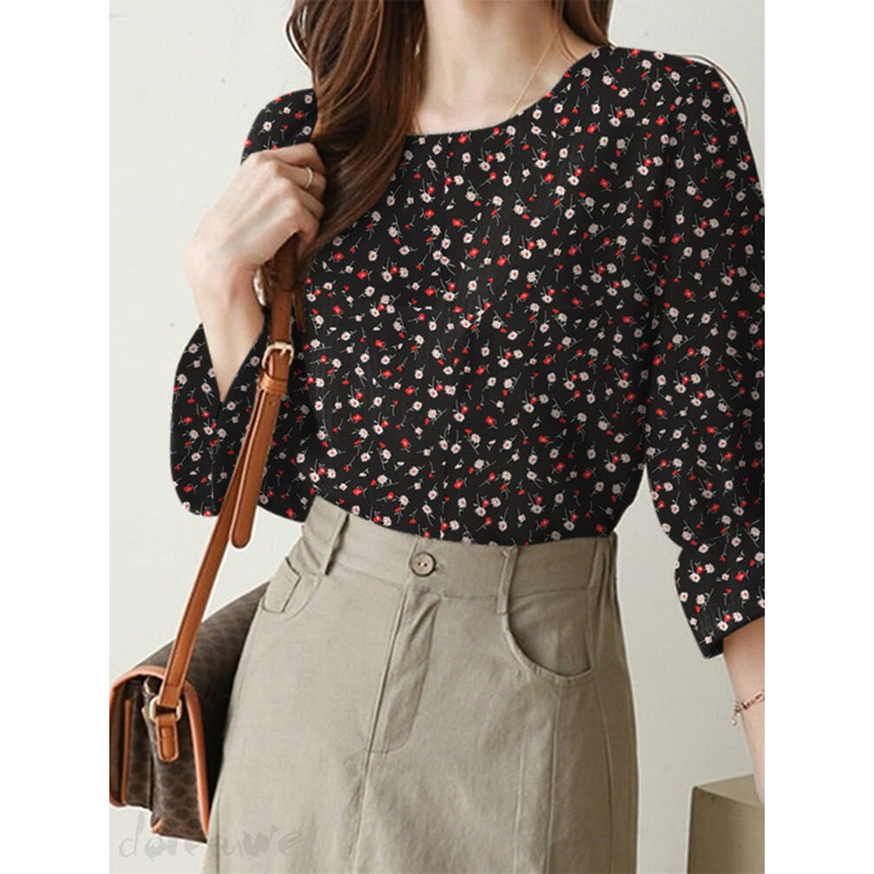 Calico Ruffle Sleeve Round Neck Casual Blouse