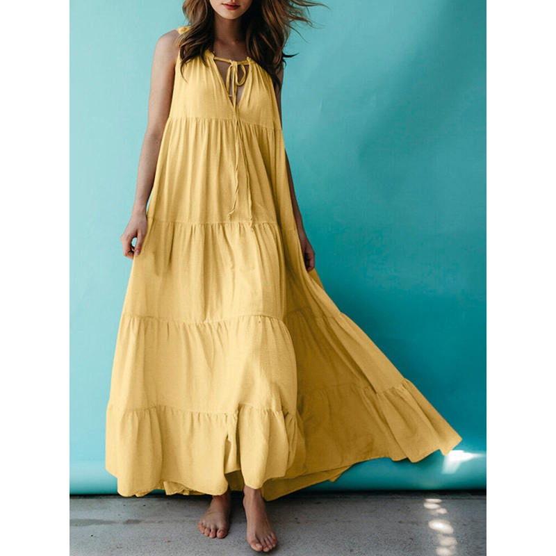 Casual Solid Sleeveless V-neck Pleated A-line Maxi Dress