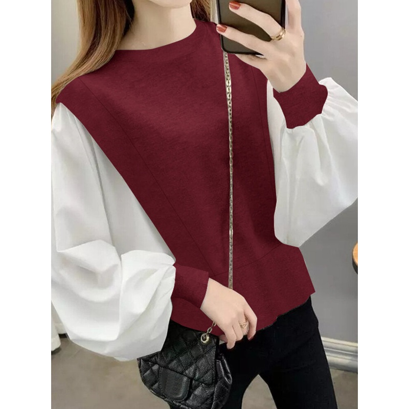 Contrast Patchwork Lantern Sleeve Casual Crew Neck Blouse