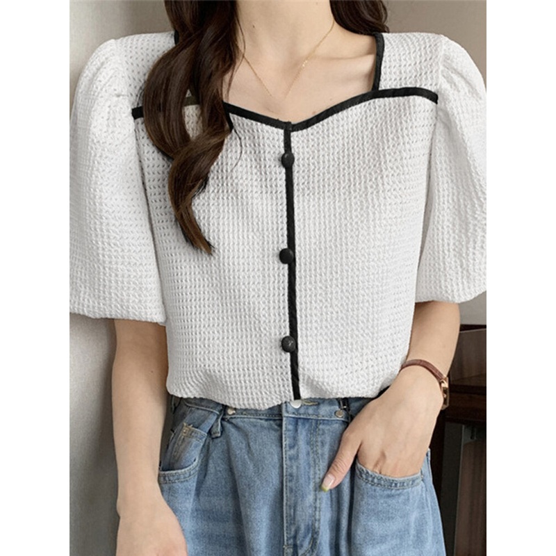 Contrast Square Collar Button Decor Short Sleeve Blouse