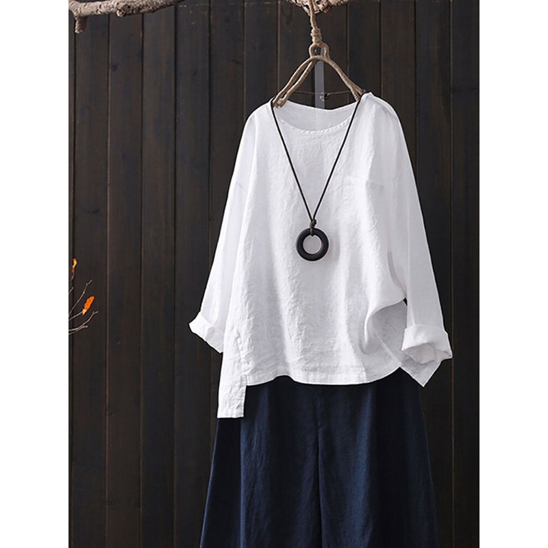Cotton Crew Neck Split Asymmetric Shirts For Women