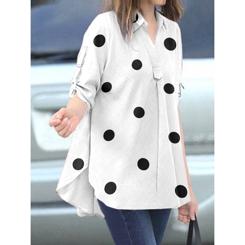 Dot Print Long Sleeve Lapel Casual Blouse