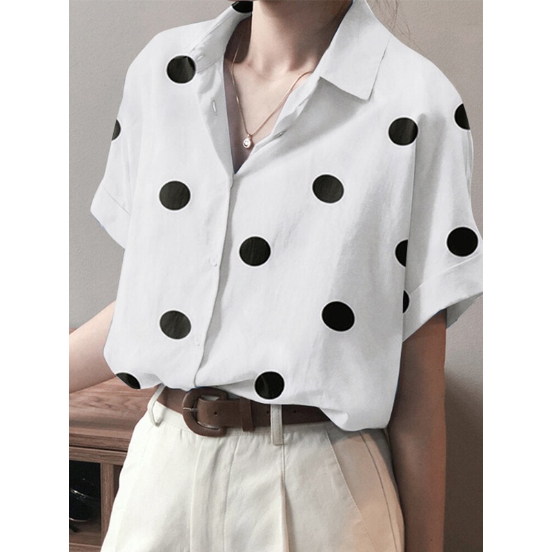 Dot Print Slit Hem Button Roll Sleeve Lapel Shirt
