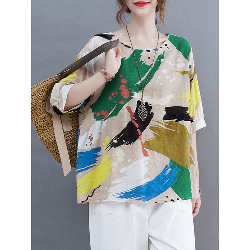 Floral Print Loose Half Sleeve Crew Neck Women Casual Blouse