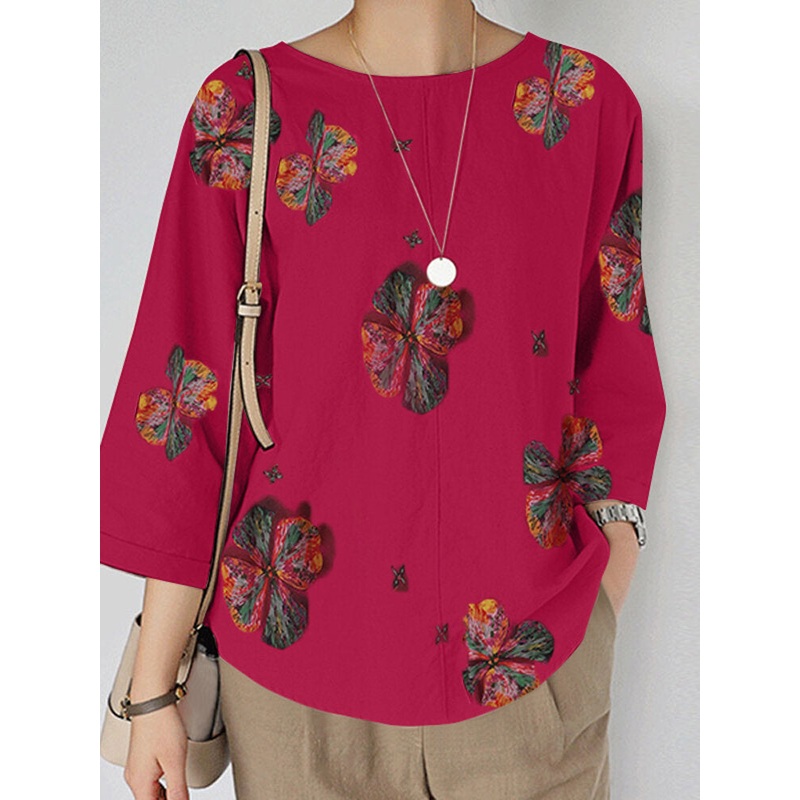 Flower Print 3/4 Sleeve Crew Neck Blouse