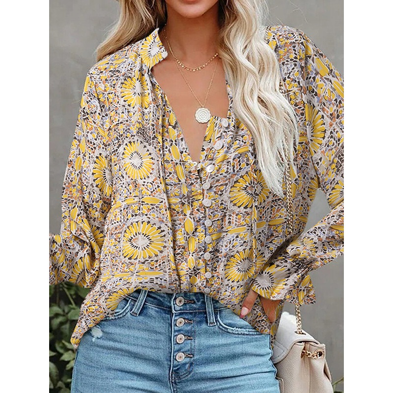 Flower Print Button Long Sleeve Knotted Blouse For Women