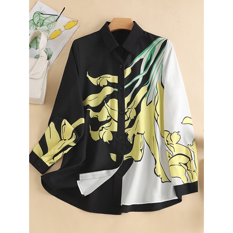 Flower Print Long Sleeve Button Front Lapel Shirt