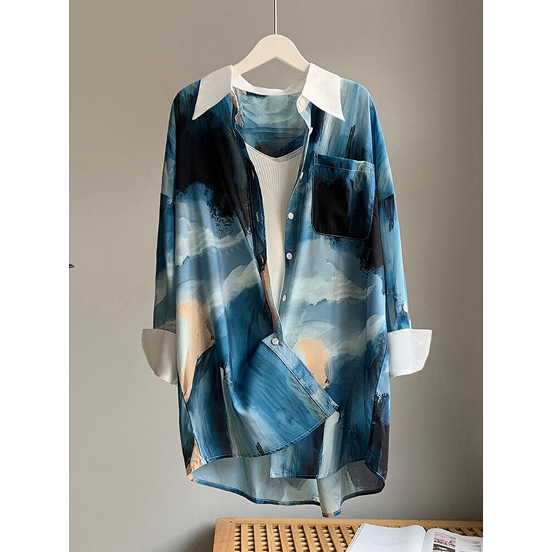 Ink Print Long Sleeve Pocket Button Front Lapel Shirt