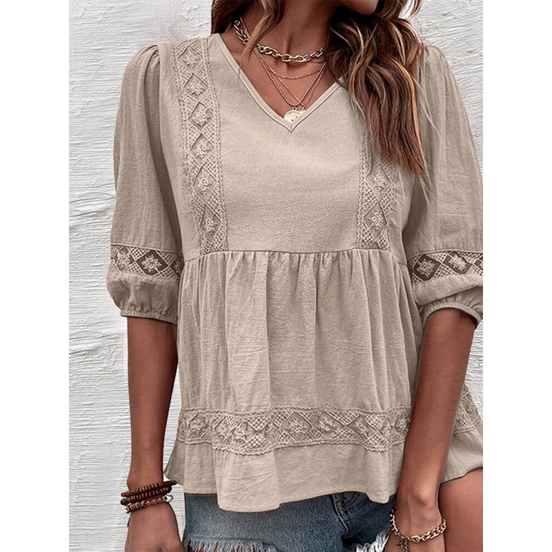 Lace Trim Stitch Solid Half Sleeve V-neck Blouse
