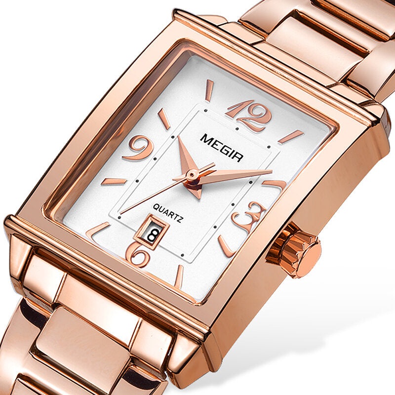 MEGIR Retro Fashion Square Pattern Dial Stainless Steel Strap Women Wristwatch Quartz Watch