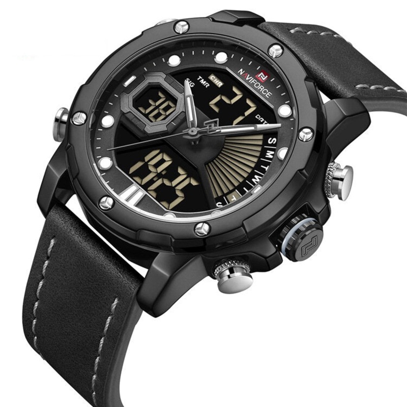 NAVIFORCE 9172 Casual Luminous Pointer Calendar Alarm Stopwatch Dual Time Display Genuine Leather Strap 3ATM Waterproof Men Dual Display Watch
