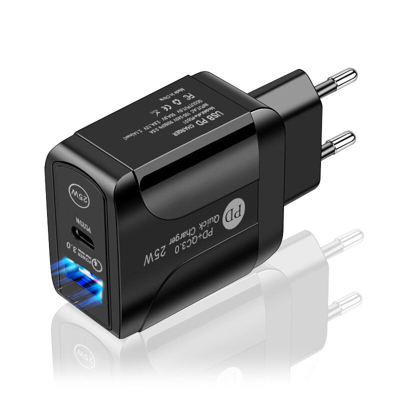 PD25W 2-Port USB PD Charger 25W PD+QC3.0 Fast Charging Wall Charger Adapter EU Plug for iPhone 13 14 14 Pro Max for Huawei P50 for OPPO Reno9 for Samsung Galaxy S22 for Xiaomi 13 for Redmi K60