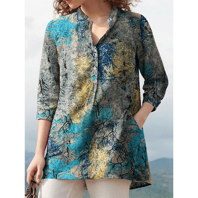 Plants Print Button Pocket Stand Collar Long Sleeve Blouse