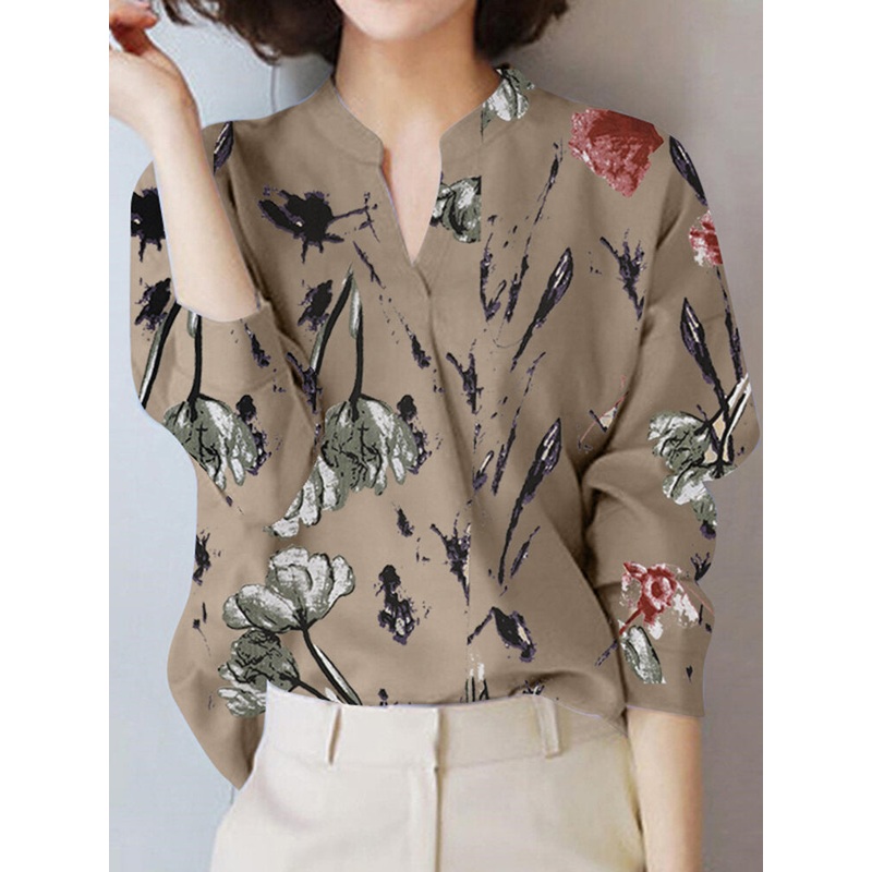 Plants Print Long Sleeve Stand Collar Blouse For Women
