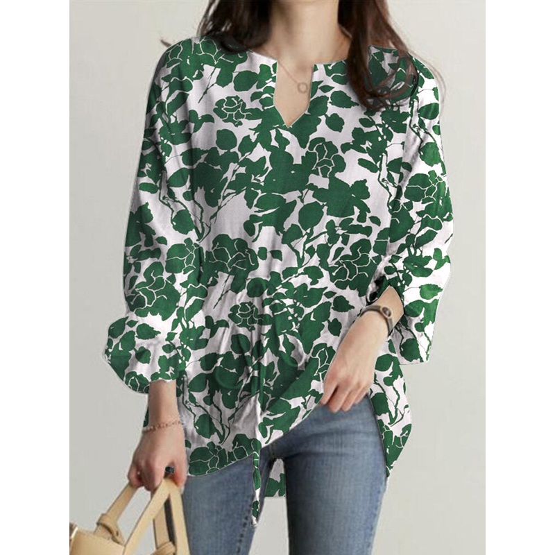 Random Allover Leaves Print Drawstring Waist Notch Neck Blouse