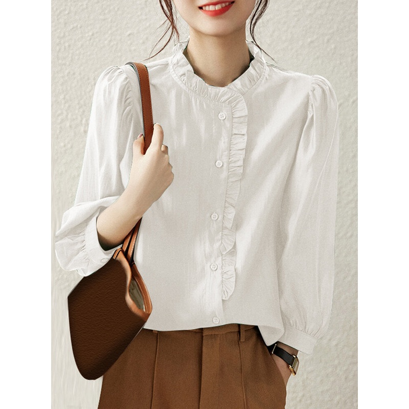 Ruffle Trim Stand Collar Solid 3/4 Sleeve Casual Blouse